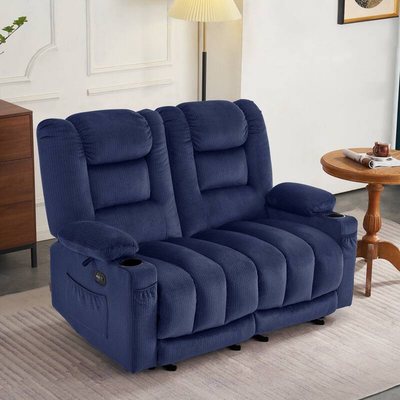 MCombo Power Reclining Loveseat Sofa with Heat and Massage, Fabric PR648 - 2-Seat Blue