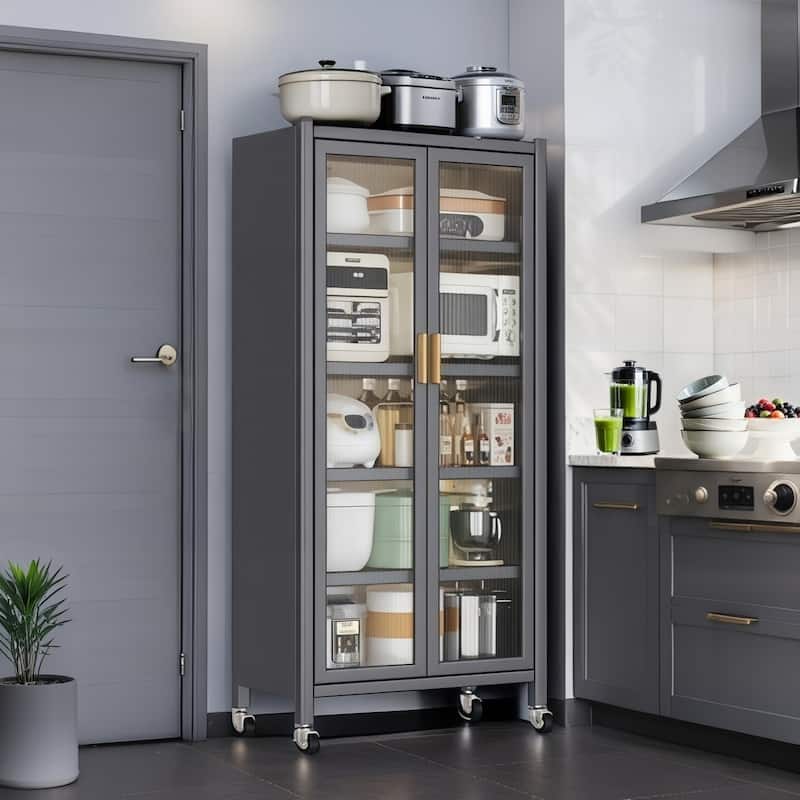 65" Kitchen Pantry Storage Cabinet on Wheels, 6 Tier Metal Display Storage Cabinet with Transparent Door & Adjustable Shelves - Grey