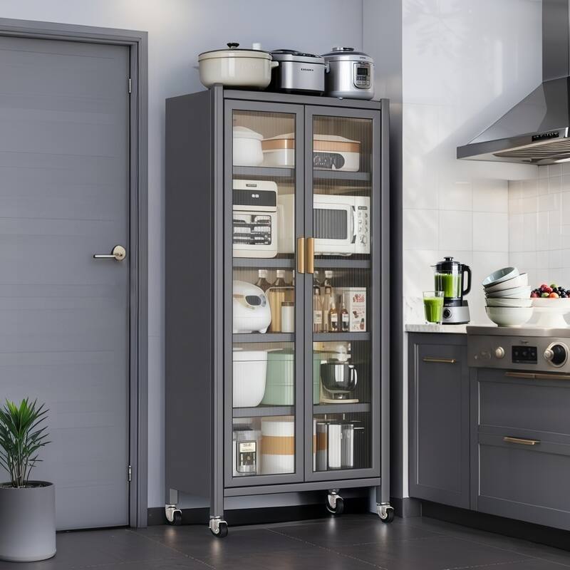 67.3" Kitchen Pantry Storage Cabinet with Acrylic Glass Door, Adjustable Shelves & Wheels,Metal Tall Food Pantries Cabinets - grey