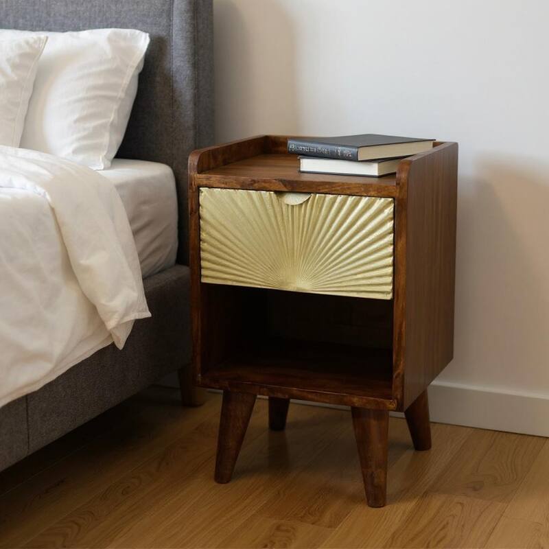 HomeRoots 20" Chestnut And Gold Solid Wood Carved Geometric One Drawer Nightstand - Chestnut - 1-drawer