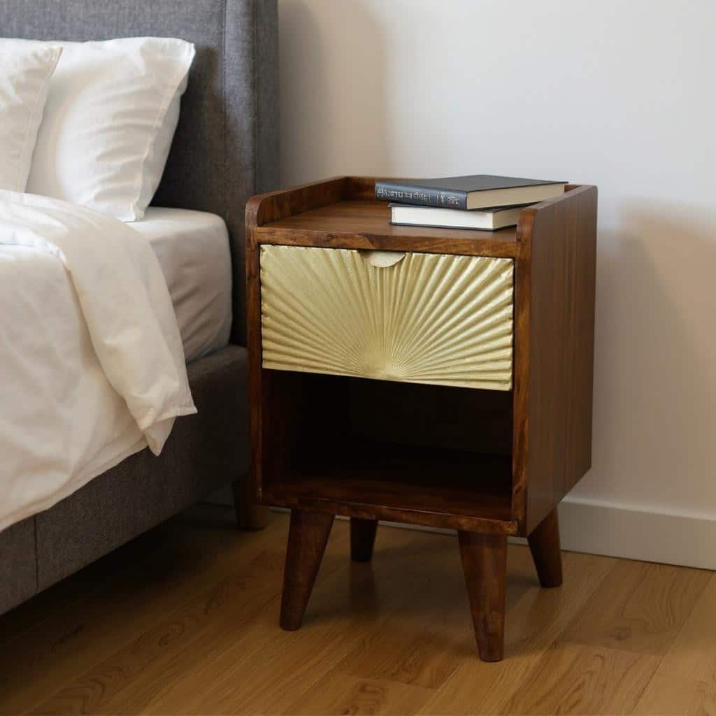 HomeRoots 20" Chestnut And Gold Solid Wood Carved Geometric One Drawer Nightstand