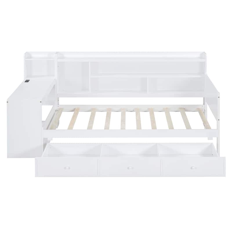 Twin Size Daybed with USB Ports and Desk, Wooden Sofa Bed Frame with 3 Storage Drawers & Shelves Headboard, No Box Spring Needed