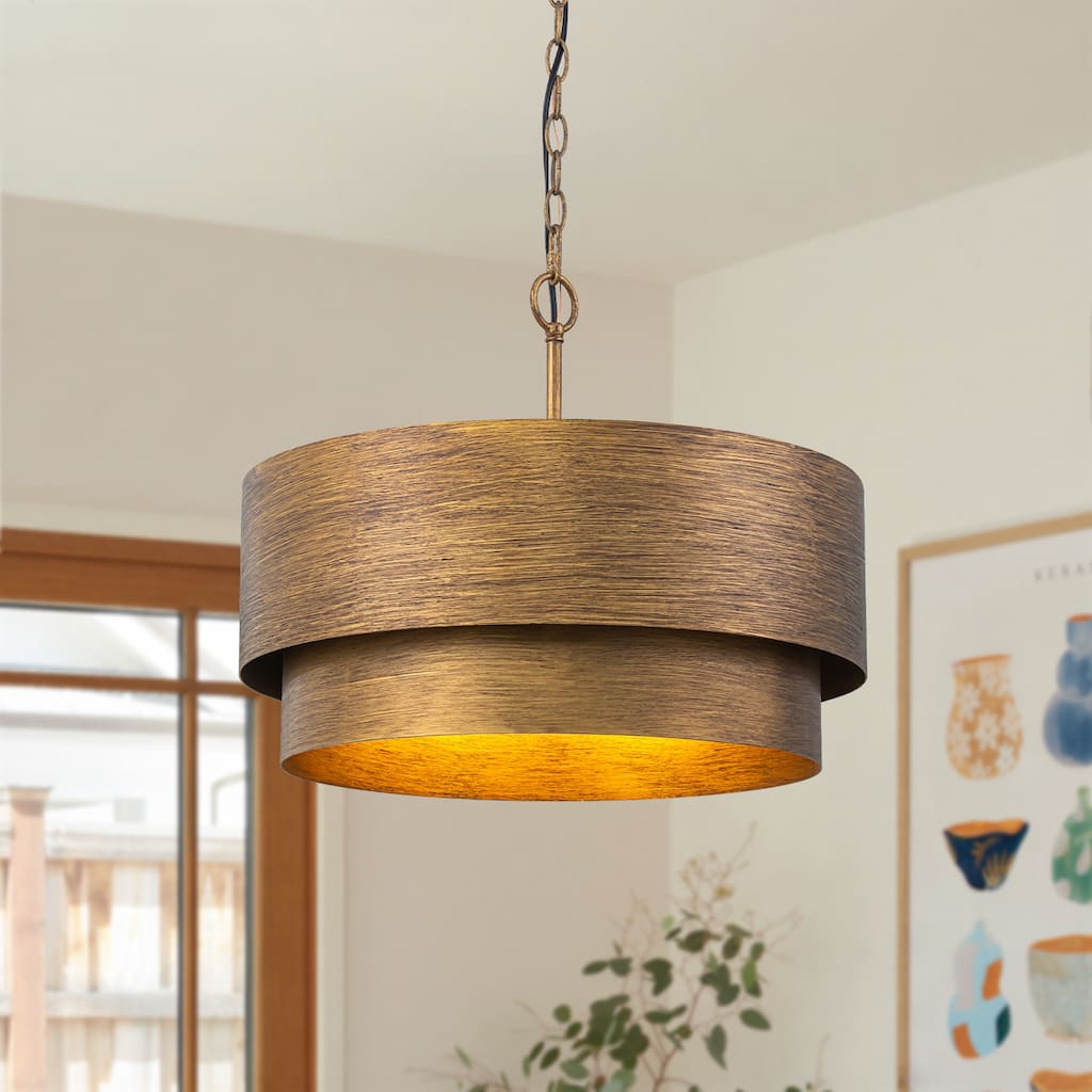 Vintage 4-Light Antique Brass Drum Pendant Light Metal Chandelier for Dining Room - 19.7-in W x 13-in H