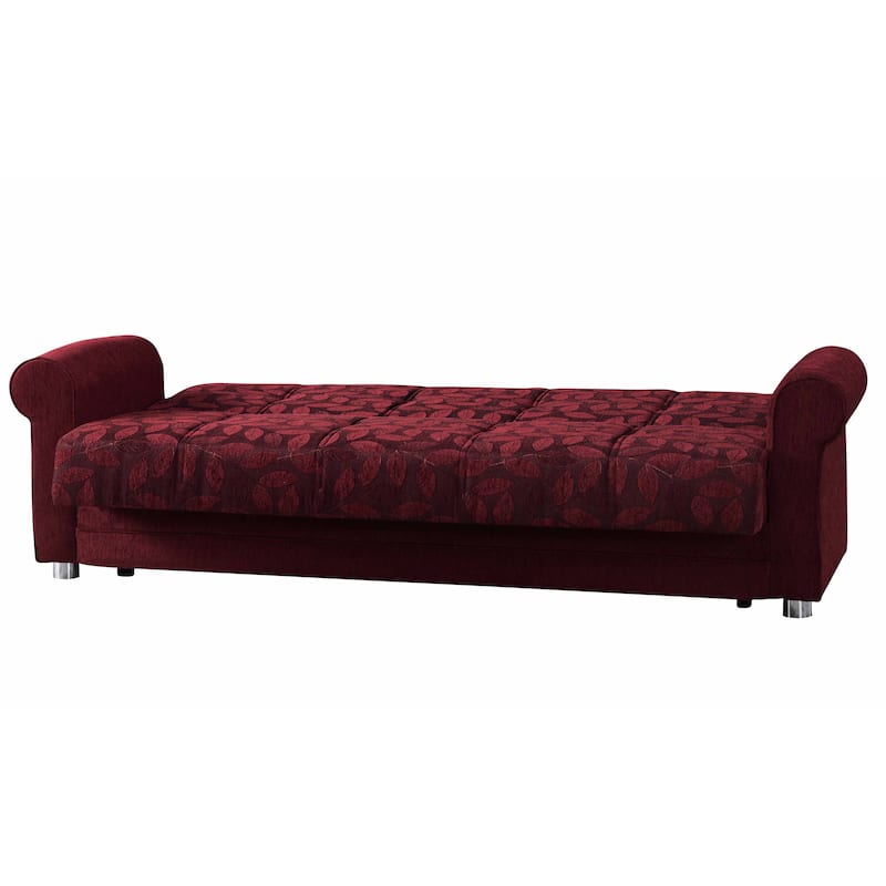 HomeRoots 89" Burgundy Chenille Convertible Futon Sleeper Sofa And Toss Pillows With Storage