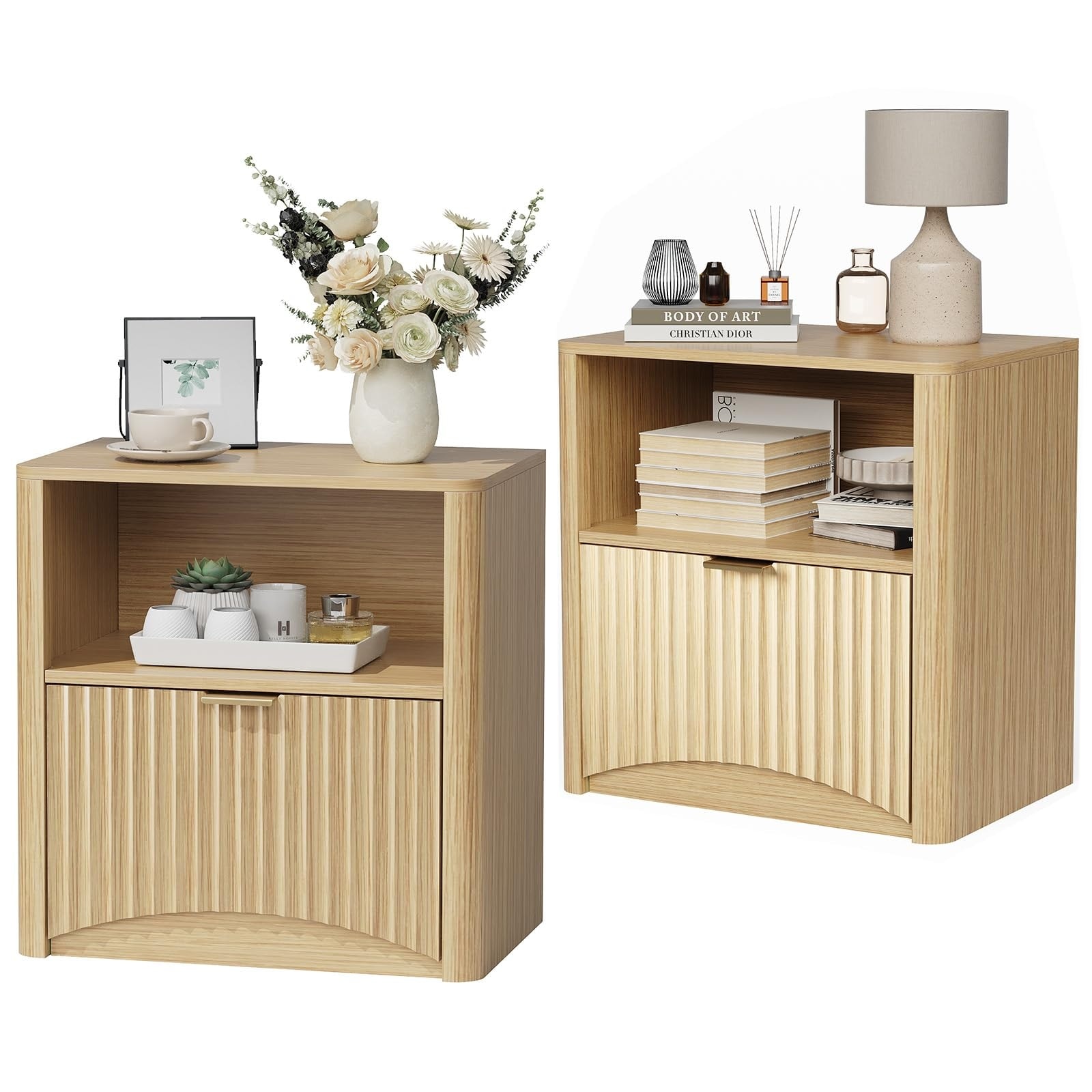 22.8" Wide Fluted Nightstand with Drawer and Storage, Mid Century Modern Nightstand, Fluted Nightstand for Bedroom