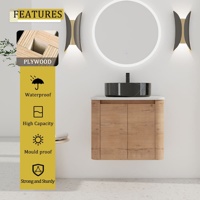24'' Wall-Mounted Bathroom Vanity With Ceramic Art Sink & 1-Soft-Close Door,KD-Packing, Plywood