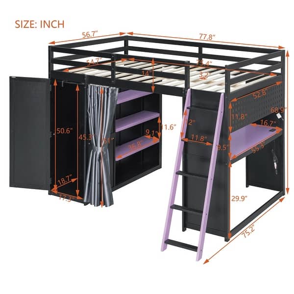 dimension image slide 1 of 4, Wood Full Size Loft Bed with Blackout Curtains and RGB Lights, Gaming Loft Bed with Desk & Shelves
