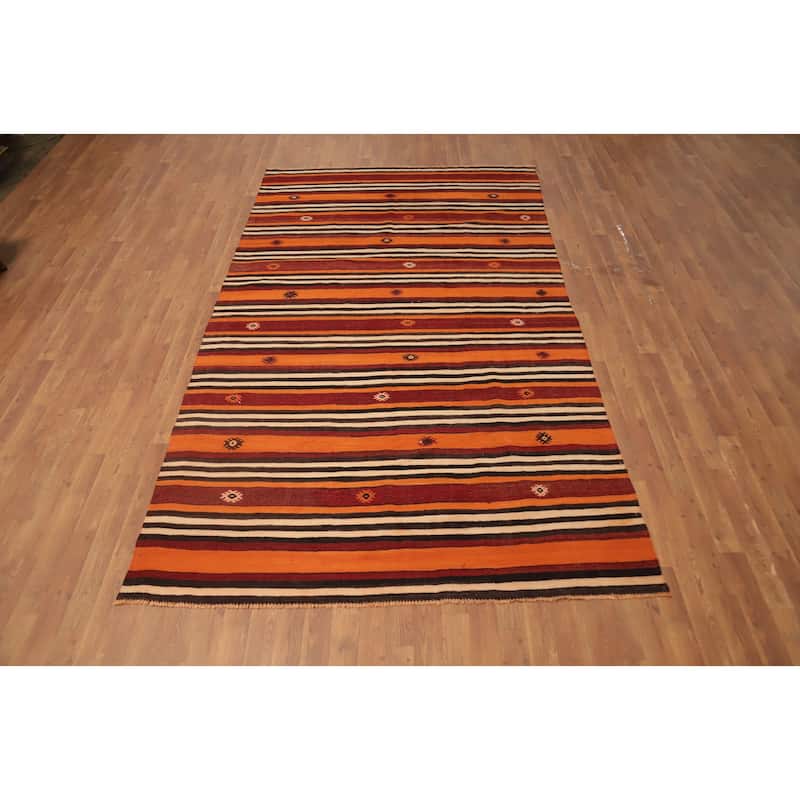 Hand Woven Oriental 100% Wool Carpet Southwestern Tribal Oranges & Rust Kilim Area Rug - 9' 11'' X 5' 7''