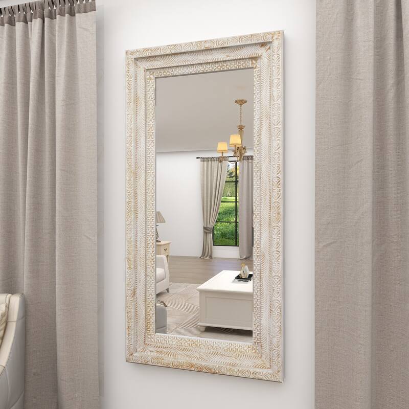 Brown Wood Intricately Carved Floral Room Wall Mirror