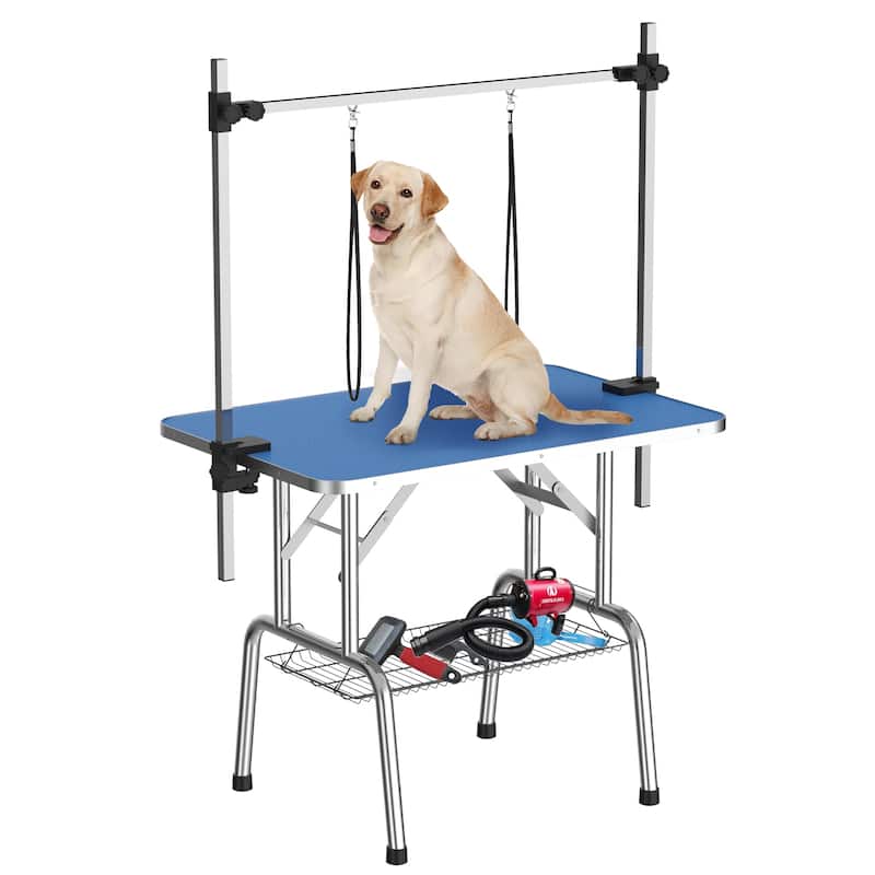 36 Inch Foldable Dog Grooming Table for Home with Adjustable Arm, Noose, Non-Slip Surface, and Storage Mesh Tray - Blue