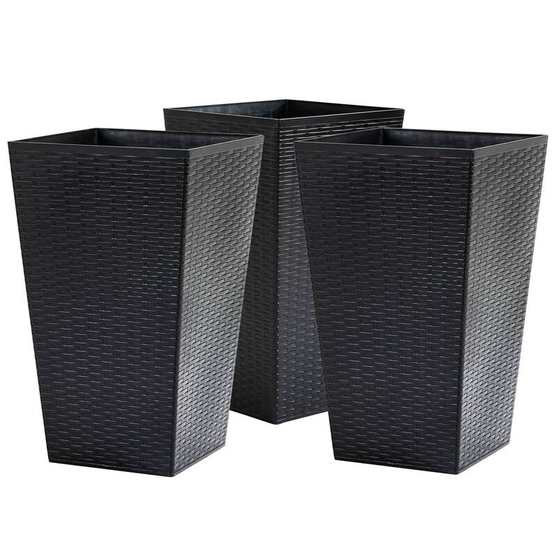 Set of 3 Tall Rattan Style Planter Pots UV Resistant Plastic with Drainage for Indoor and Outdoor Use