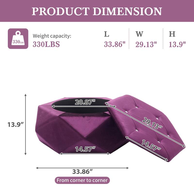 Purple Elegant Velvet Diamond Tufted Storage Ottoman - Multi-Functional Home Footrest & Seating