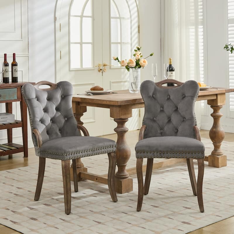 2-Piece Set, Modern Hand-tufted Dining Chairs with Antique Copper Nail Trim and Solid Wood Handles, for Dining Rooms - Grey