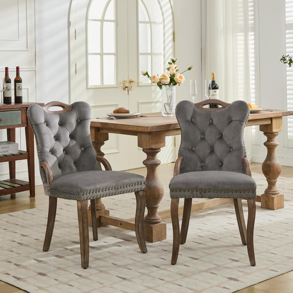 Velvet Dining Chair with Handmade Tufted Trim, Solid Wood Handles on Top and Sides, Vintage Copper Nail Decoration,Set of 2