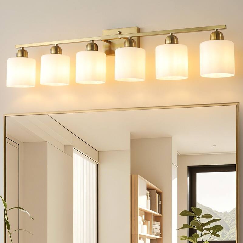 Modern Bathroom Vanity Light With Frosted Milk Glass Shades - 6-Lights - Gold