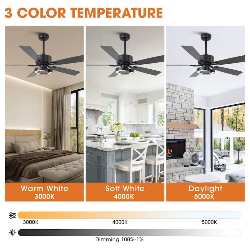 52-Inch Modern Intergatred LED Reversible Black Ceiling Fan with Light and Remote