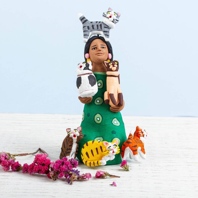 NOVICA Woman with Cats in Green, Ceramic sculpture