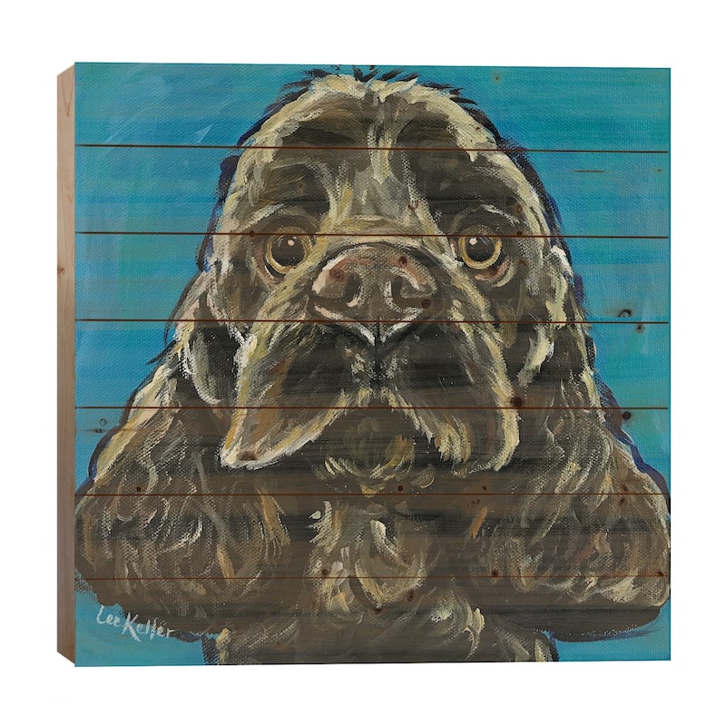 Cocker Spaniel On Teal Print On Wood by Hippie Hound Studios - Multi-Color - 26x26x1.5