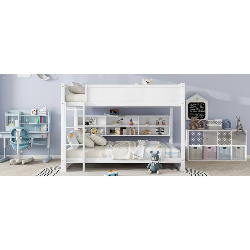 Roomfitters Queen Over Queen Bunk Bed with Storage Cabinets and Charging Station, Solid Pine Wood Bunk Bed