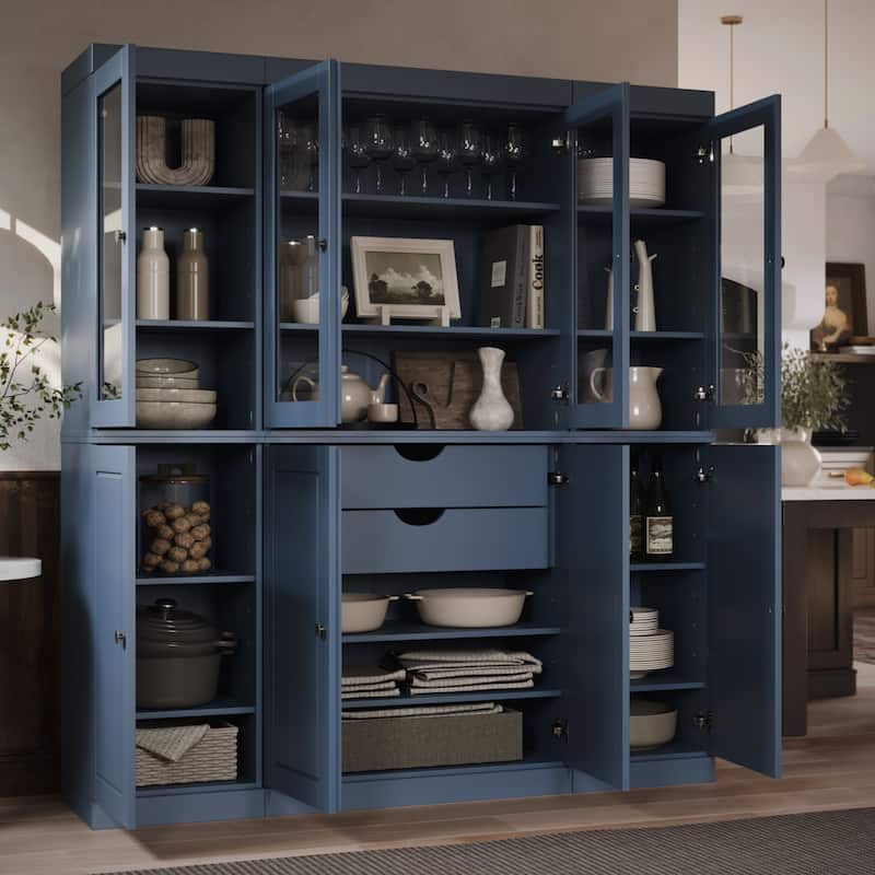 Palace Imports 100% Solid Wood Kitchen China Cabinet Pantry with Glass or Solid Wood Doors and 2-Drawer Kit - 65" x 71.5"