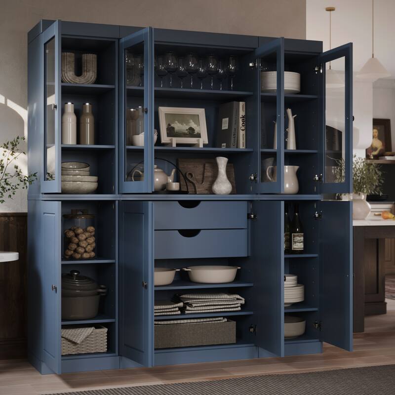 Palace Imports 100% Solid Wood Pantry China Cabinet, Raised Panel & Clear Glass Doors, 2 Drawers, 65" Wide, 71.5" Tall - Antique Blue