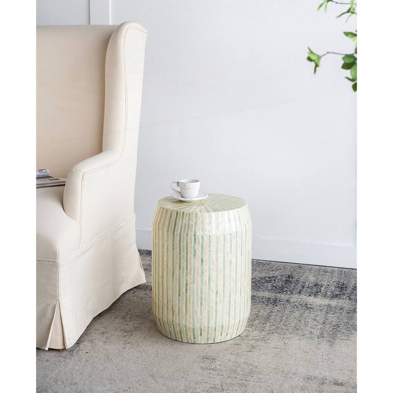 Cream and Green Cylinder Accent Stool with Striped Pattern