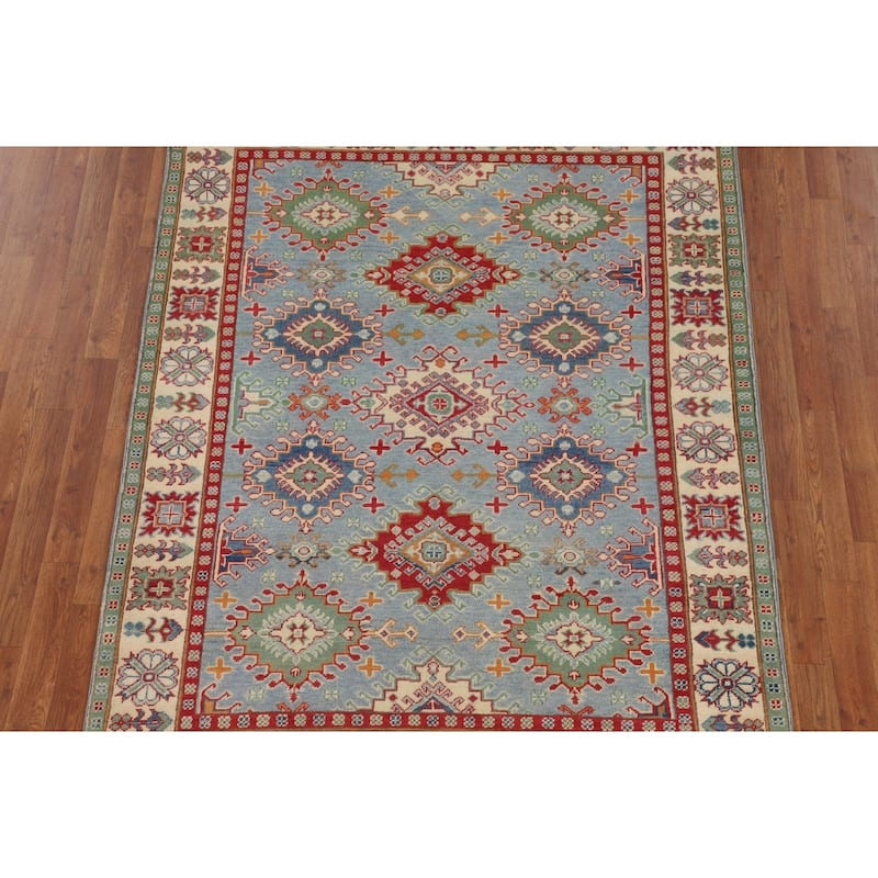 Light Blue Geometric Kazak Rug Living Room Hand-Knotted Wool Carpet - 5'0" x 6'7"