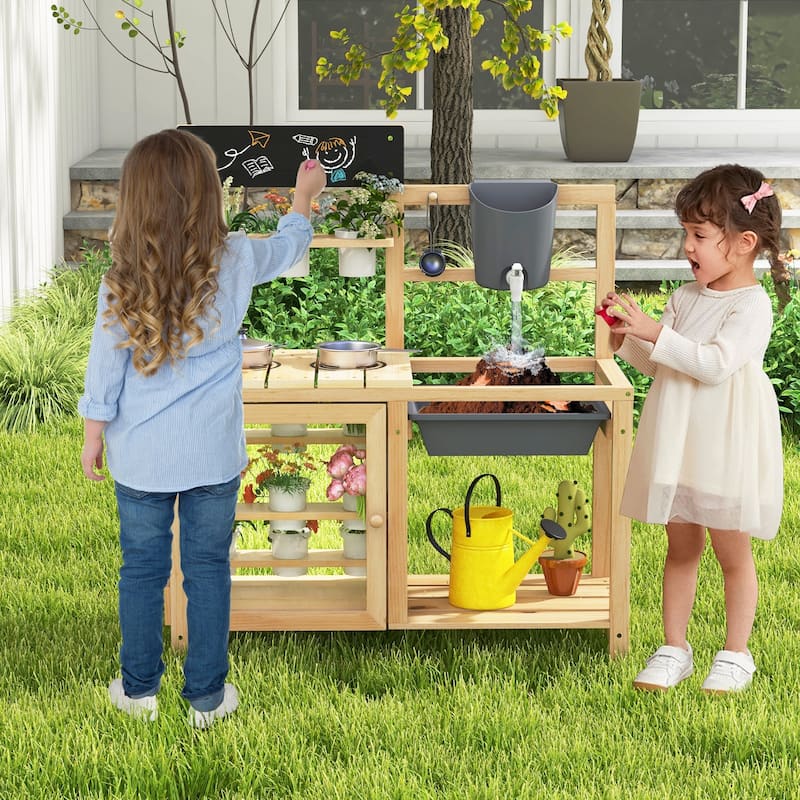 Natural Wooden Backyard Mud Kitchen for Kids with Real Water Play Sink Garden Cups and Cooking Set - 27" L x 11.5" W x 33.5" H