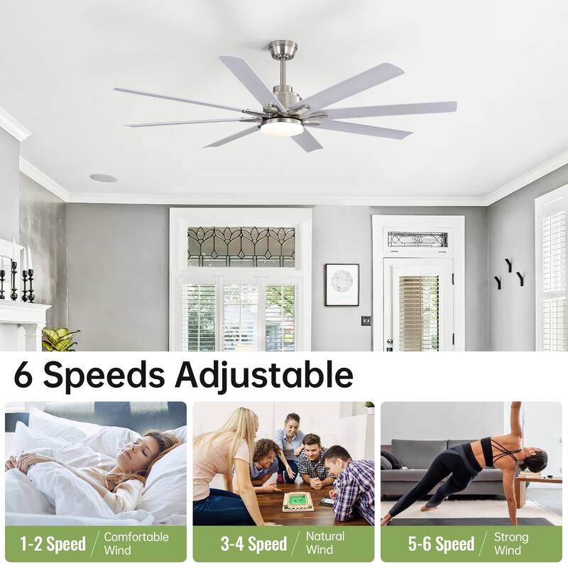 52/66/72/84 Inch Smart Ceiling Fan with Light ,Wall Switch, APP Control,Dimmable LED,8 Blades