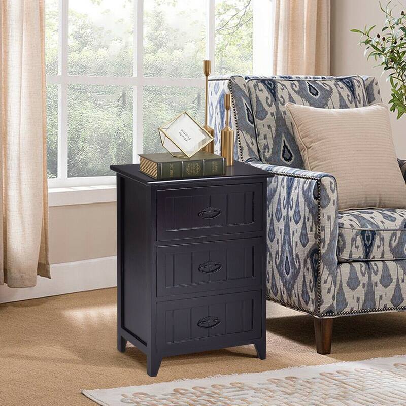 Gymax 3 Drawers Nightstand End Table Storage Wood Side Bedside Black