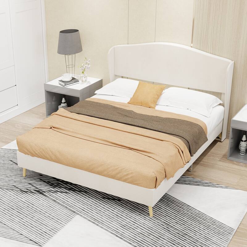Modern Luxurious Full Size Velvet Upholstered Platform Bed, With Tufted Headboard - Beige