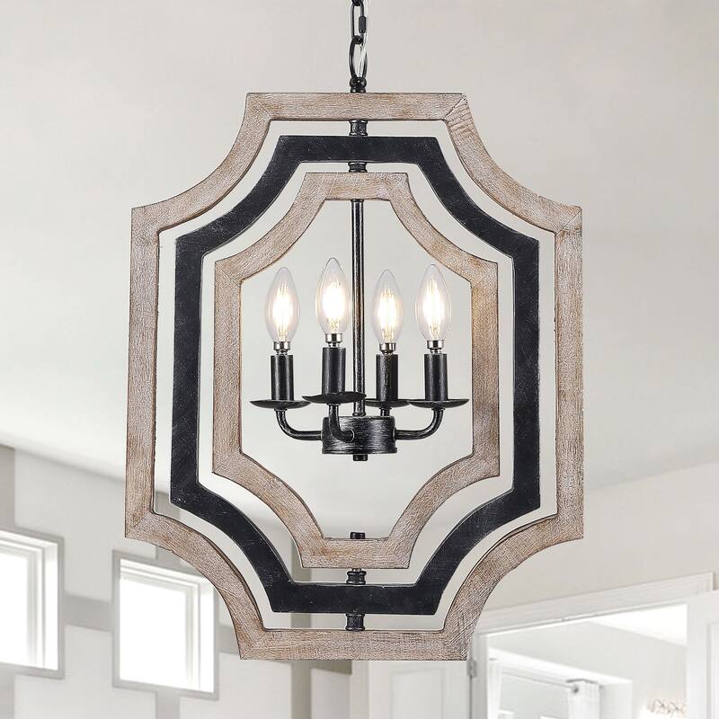 CurveCurio 18" Boho Adjustable Three-Tier Solid Wood Shade Pendant Light w 4 Lights, Austable Hanging Chain Chandelier - Aged Wood w Matte Black