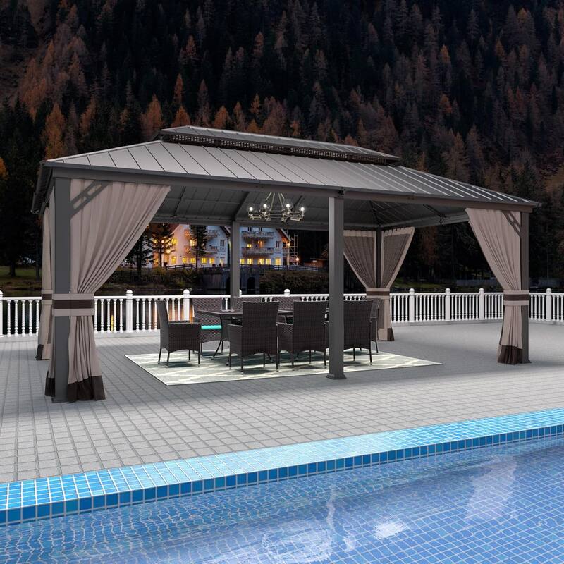 Kullavik Hardtop Gazebo w/ Galvanized Steel Roof & Aluminum Frame, New Outdoor Canopy w/ Mosquito Net & Curtain, Patio Pergola
