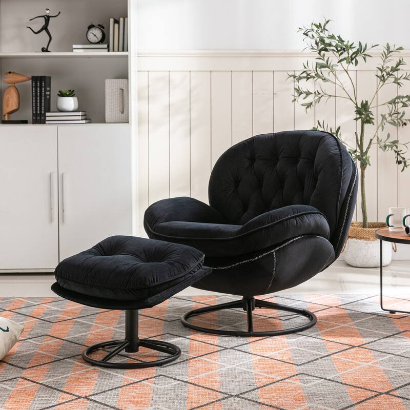 Velvet Swivel Accent Chair with Ottoman & Metal Legs (360° Rotation) - Black