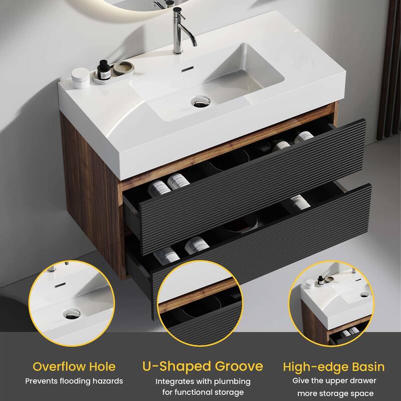 Wall Mounted Bathroom Vanity with Solid Surface Sink and Soft Drawers