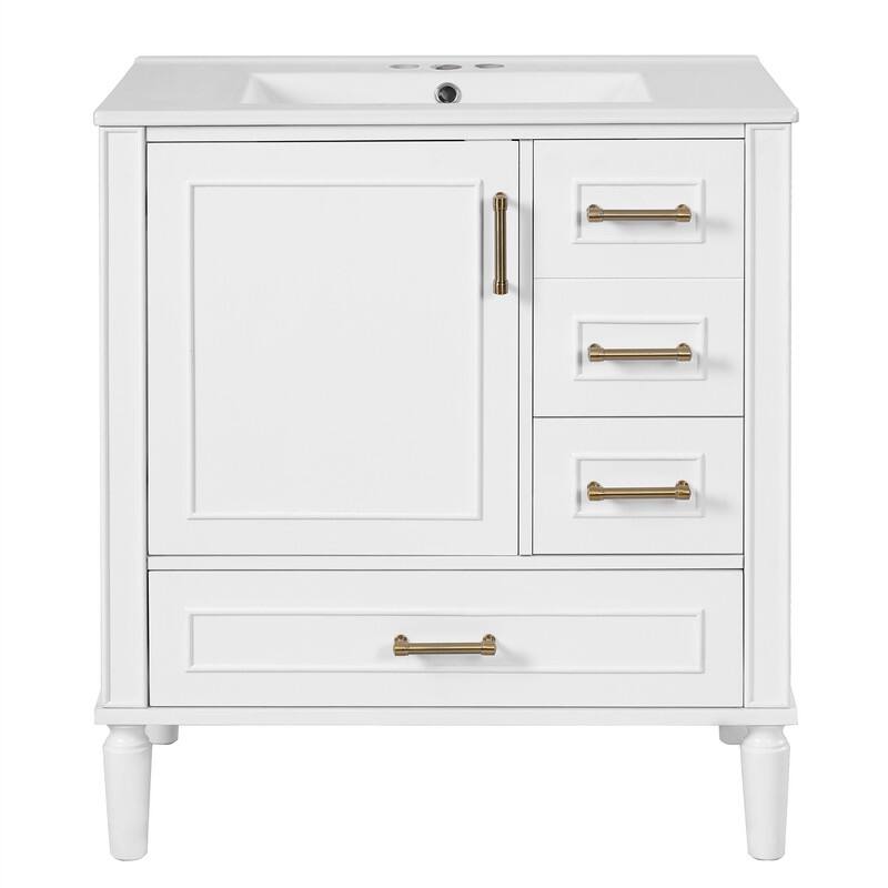 Traditional 30" Bathroom Vanity with Ceramic Sink, Freestanding Bathroom Vanity Cabinet with 3 Drawers and 1 Soft Close Door