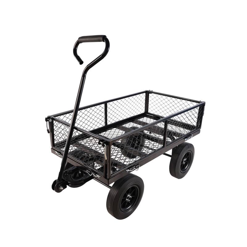 Heavy-Duty Solid Wheel Garden Wagon Cart - Firewood & Yard Debris Hauler, Black