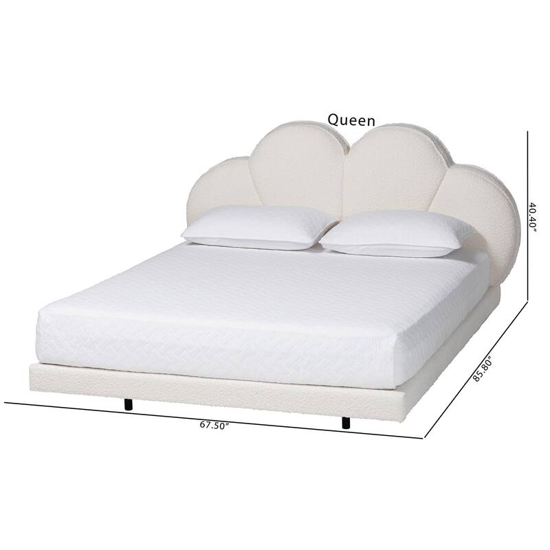 Barrera Floating Platform Bed with Scalloped Headboard - Low Profile Minimalist Boucle Upholstered Bed Frame