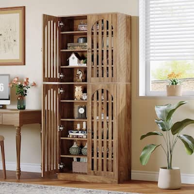 70.8 Inch Tall Bookcase with 4 Slatted Doors, 9-Tier Farmhouse Bookshelf with Storage Shelves