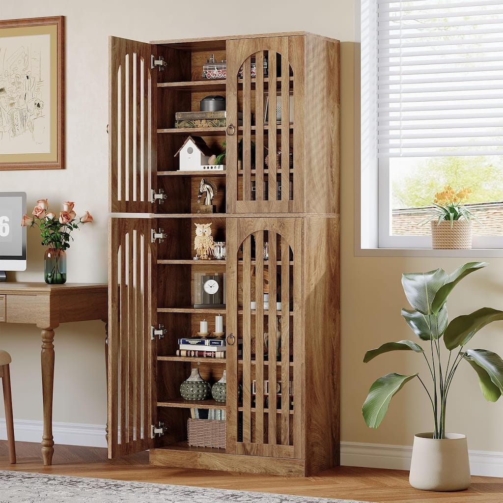 70.8 Inch Tall Bookcase with 4 Slatted Doors, 9-Tier Farmhouse Bookshelf with Storage Shelves