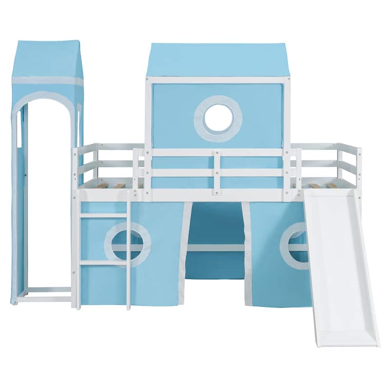 Blue Twin Size Solid Wood Loft House Bed with Slide and Ladder