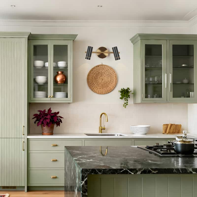 Modern Black Gold 2-Light LED Bathroom Vanity Light with Cylinder Shades - 16" L x 7.5" W x 6.5" H