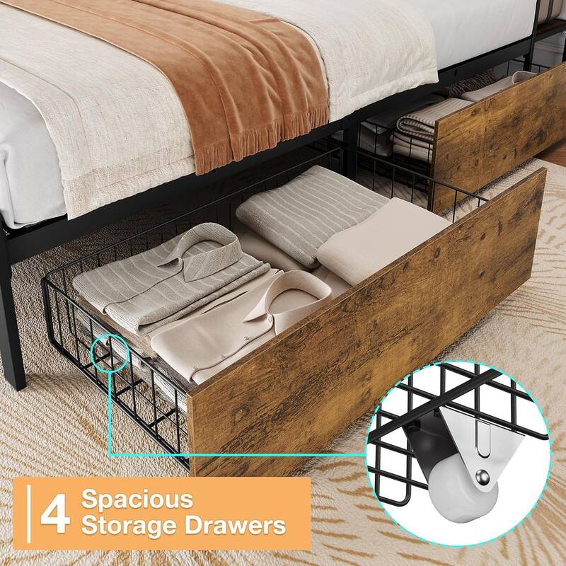 Upholstered Bed Frame with Storage, Charging Station & Ergonomic Headboard, No Box Spring Required