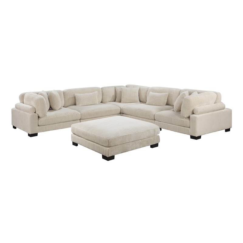 Braidy Corduroy 6-Piece Modular Sectional Sofa with Ottoman - Beige