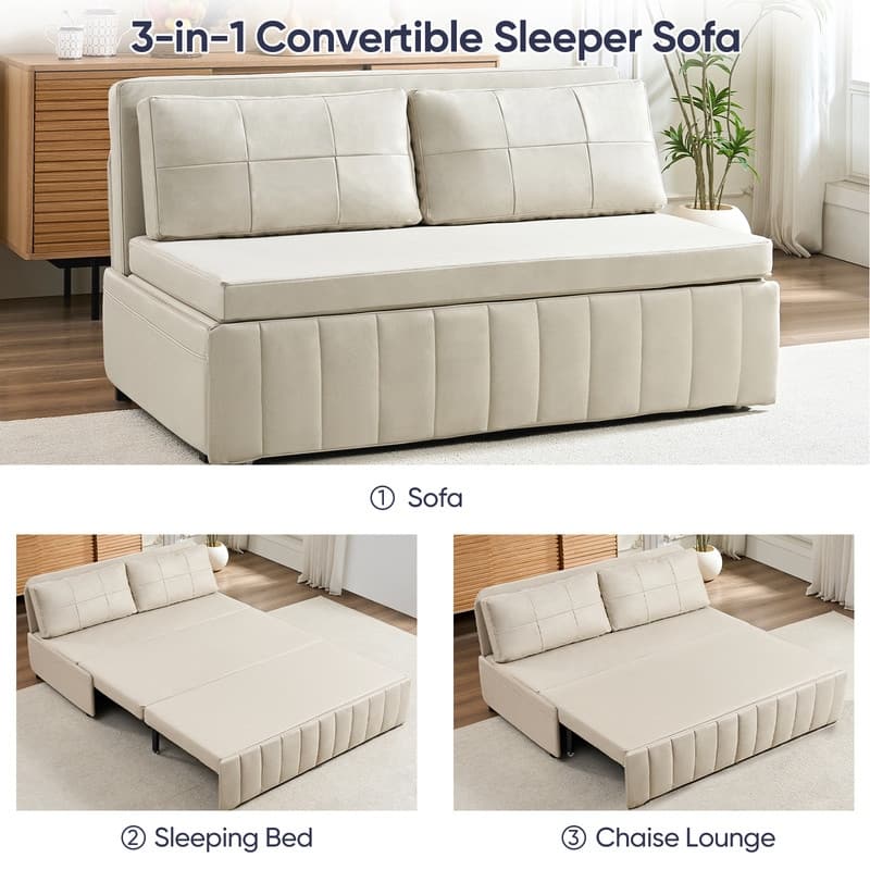 Mixoy Modern 62''Pull Out Sofa Bed,3-in-1 Pull Out Leathaire Fabric Sleeper Sofa Couch,Chaise Lounge,living room furniture