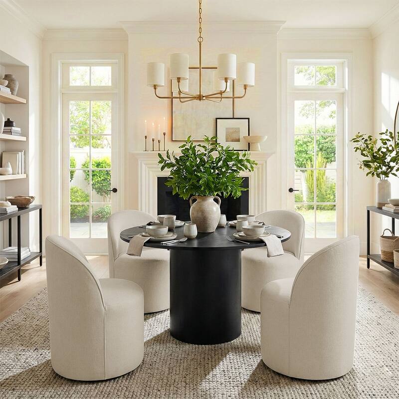 Upholstered Barrel Linen Dining Chair with Casters(Set of 4)