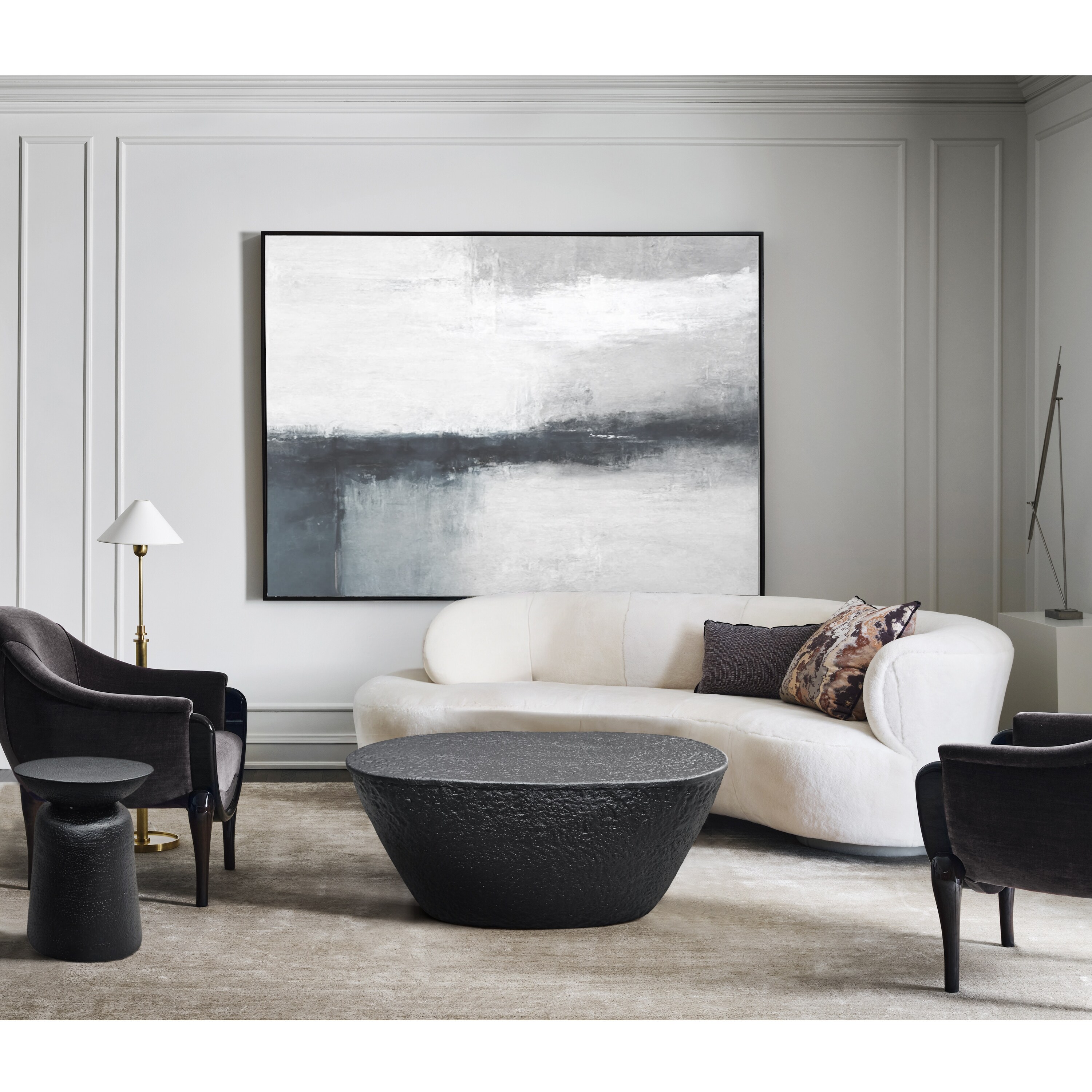 The Urban Port Josi 36 inch Coffee Table Handcrafted Hammered Design Matte Black Sculptural Aluminum Frame
