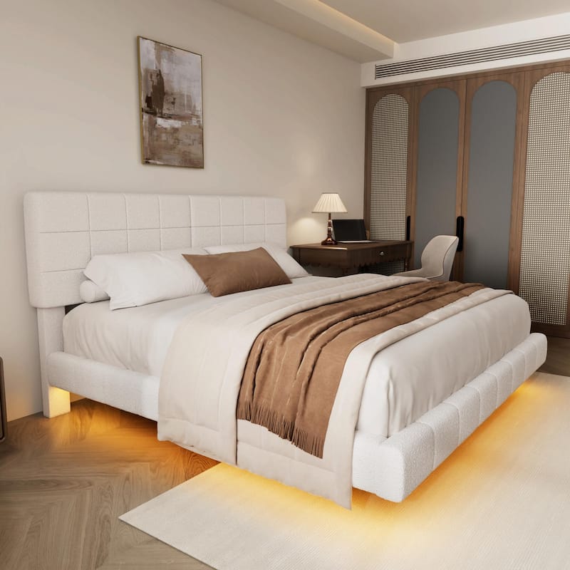 White Bouclé Floating Bed with Ambient Light
