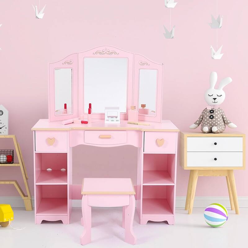 Kids Princess Luxury Vanity Dressing Table and Stool Set for Girls Best Gift, Pink - Pink