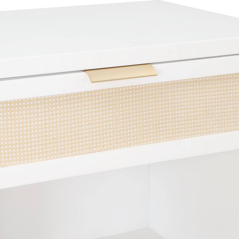 Single Drawer Nightstand with Cane Front and Gold Pull Open Shelf Coastal